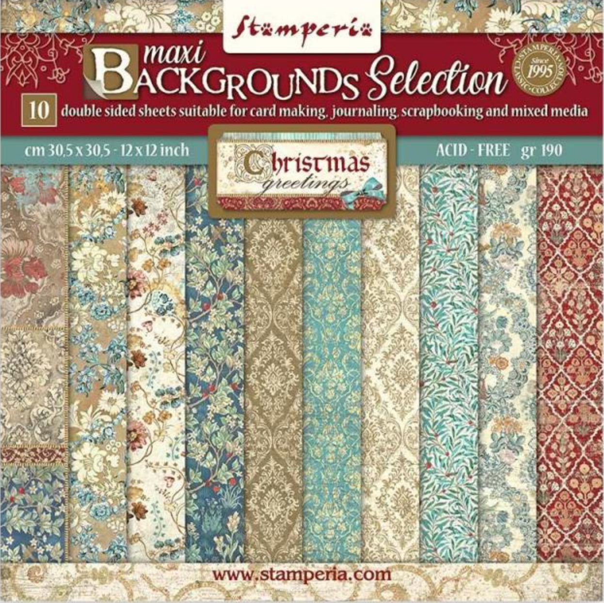 Stamperia Christmas Greetings Backgrounds 12” x 12” Paper Collection